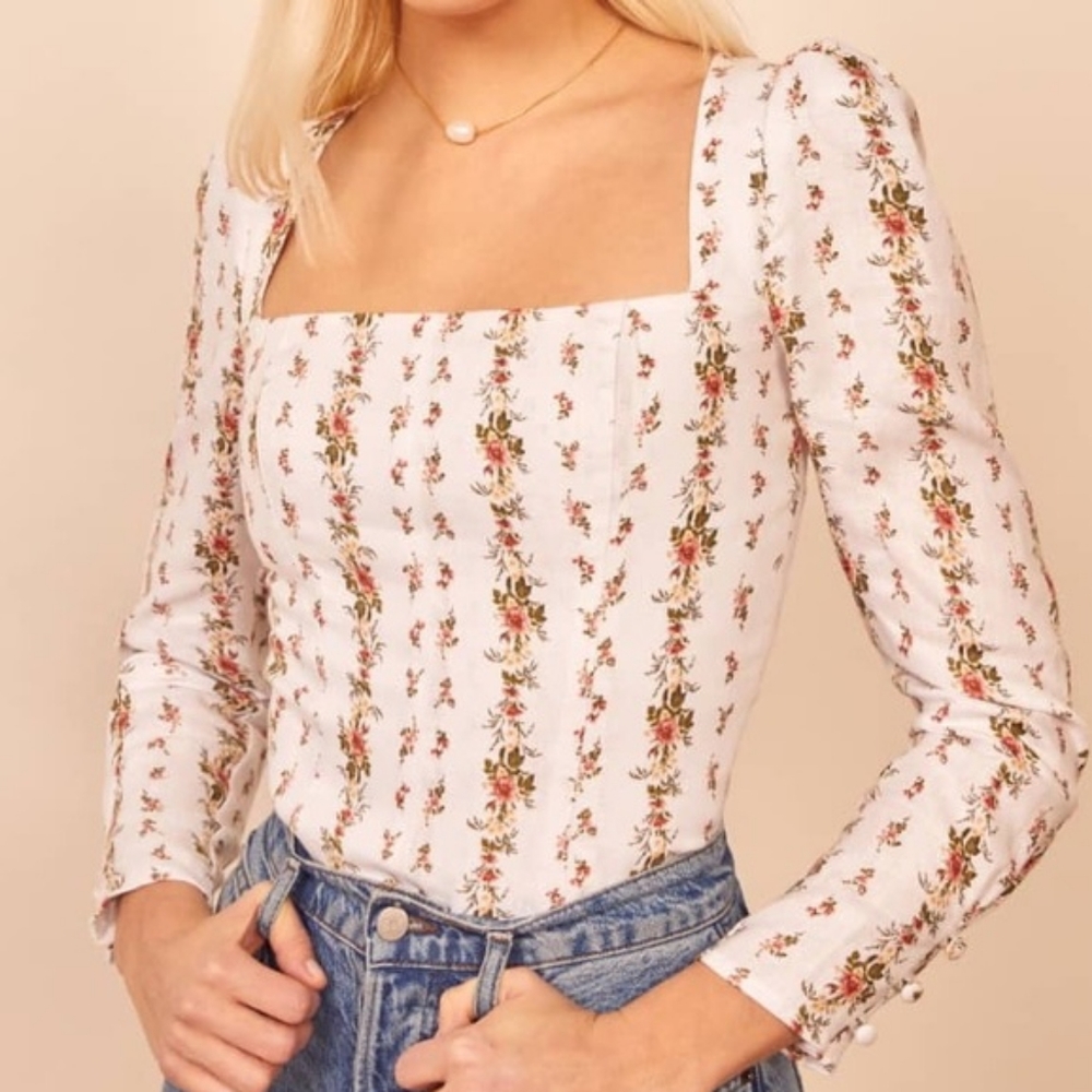 Reformation Fillmore Poppyseed Floral Square Neck Linen Top